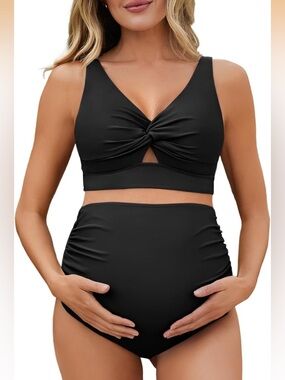Summer Mae Twist Maternity Bikini Two Piece Swimsuit Cutout High Waisted Ruched